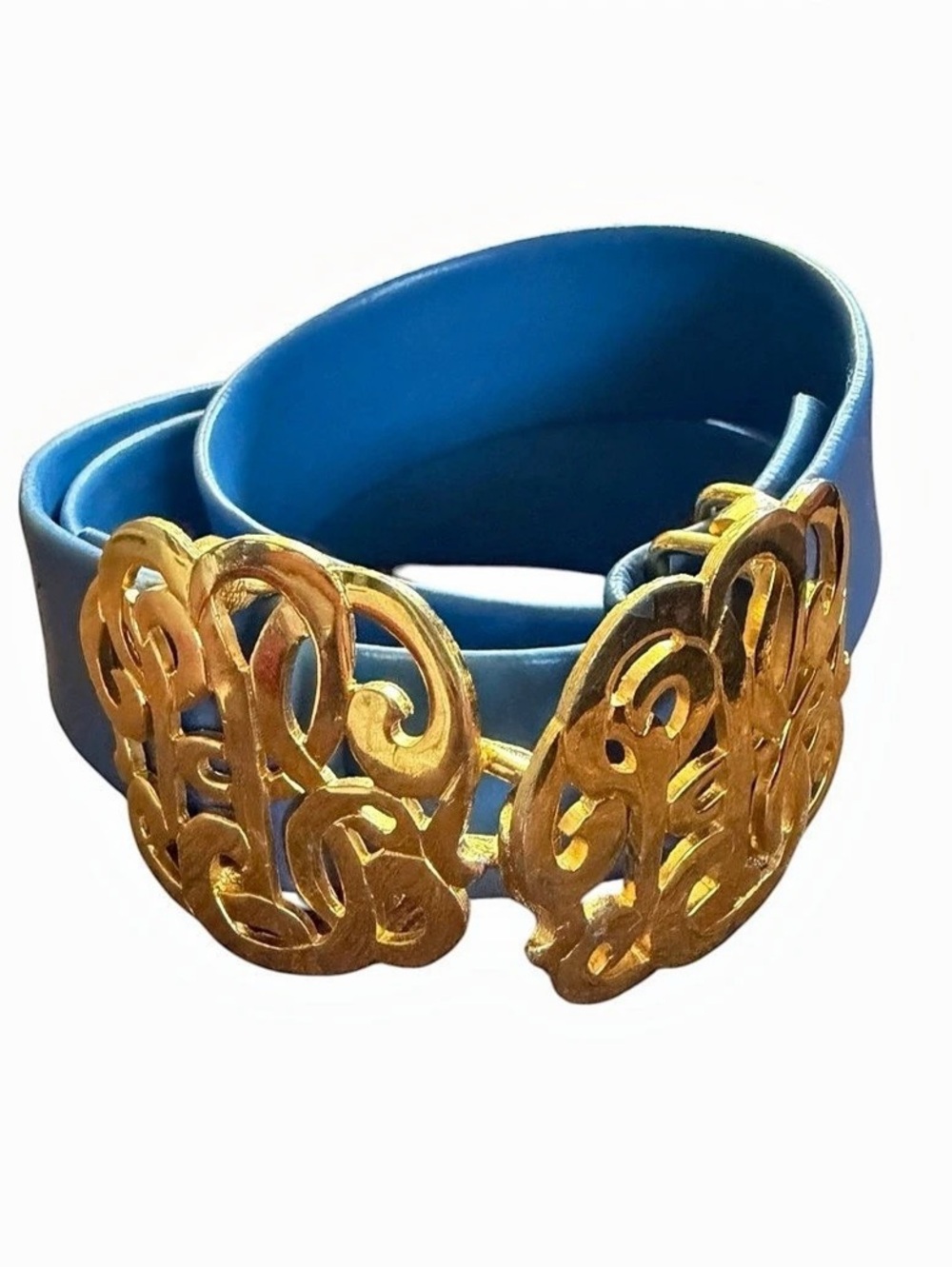 Vtg Ornate Buckle Belt in Blue & Gold Vegan 30” XS